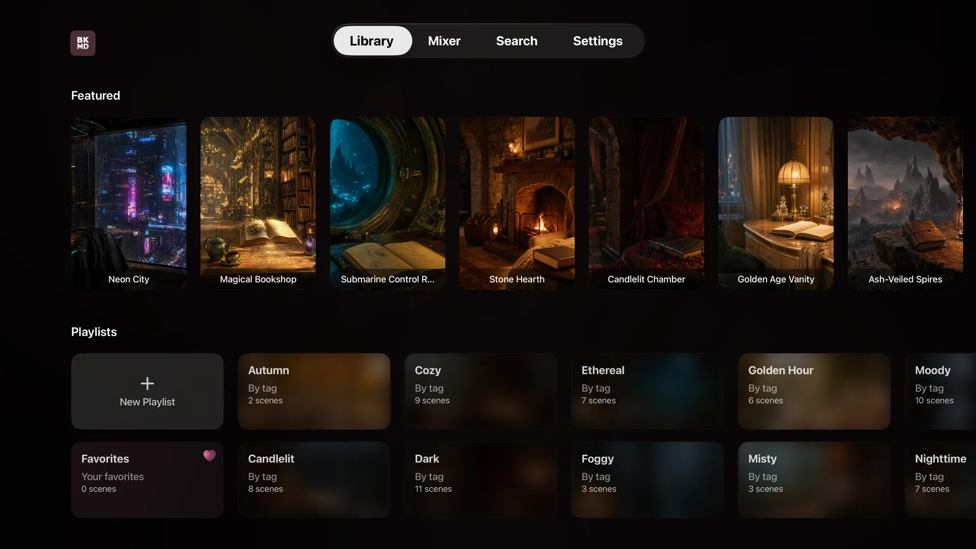 BookMood library with featured scenes and playlists