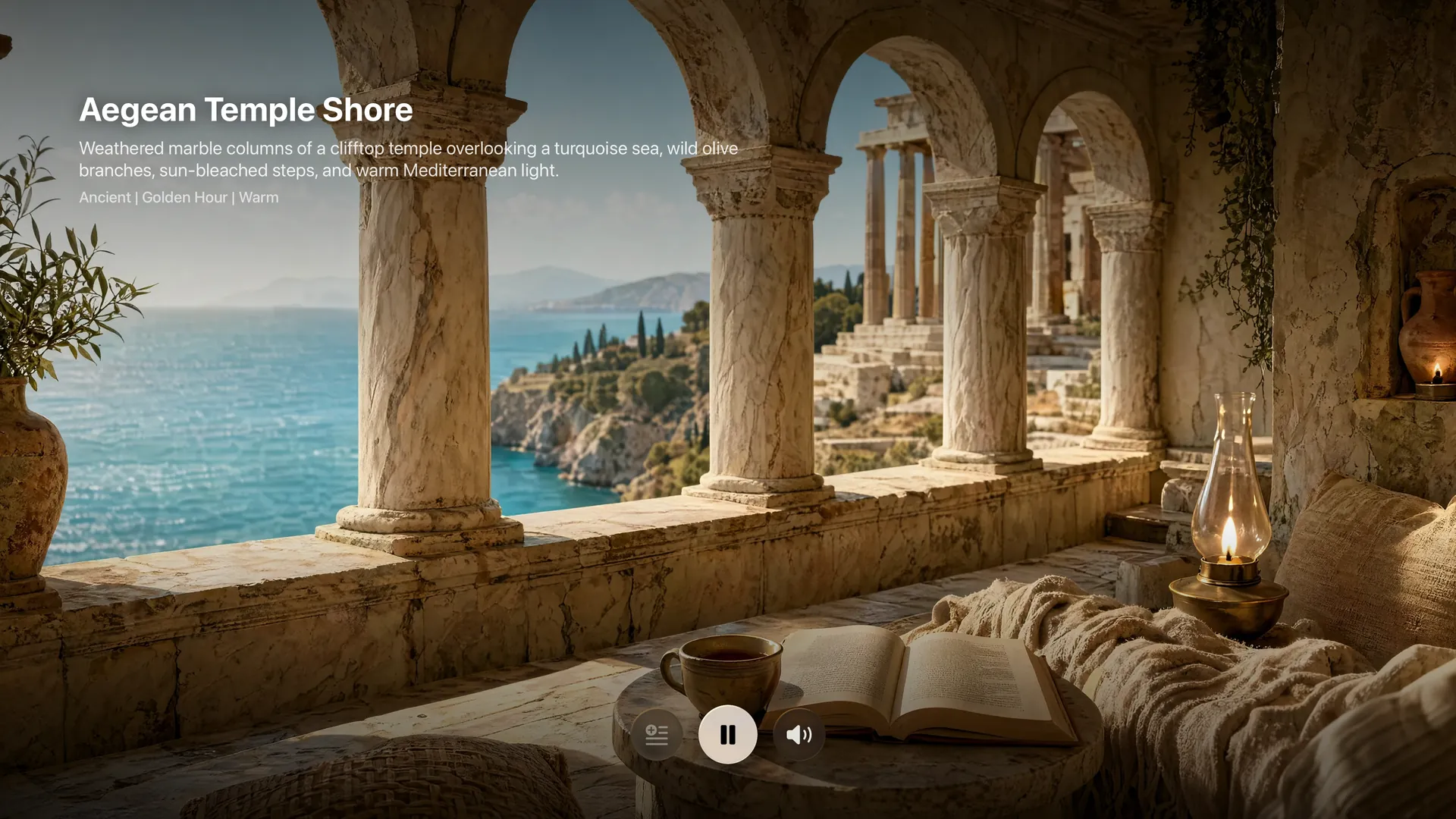 BookMood player showing a candlelit library scene