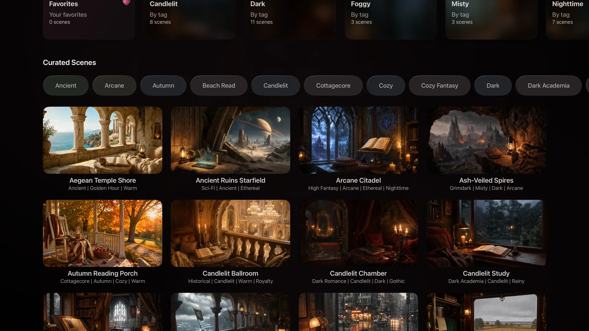BookMood scene catalog filtered by tags